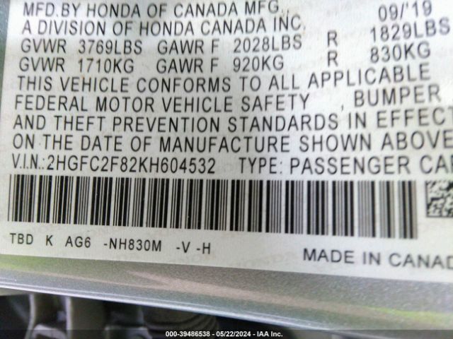2HGFC2F82KH604532 Honda Civic Sport