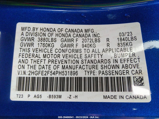 2HGFE2F54PH531896 Honda Civic Sport