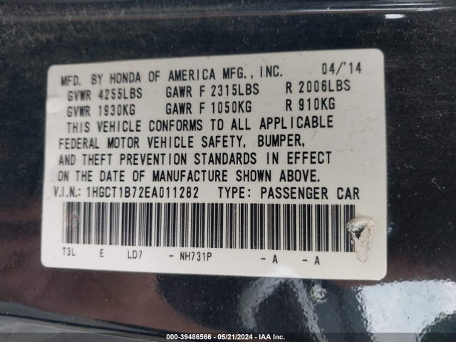 Honda ACCORD EX 2014 1HGCT1B72EA011282 Image 9