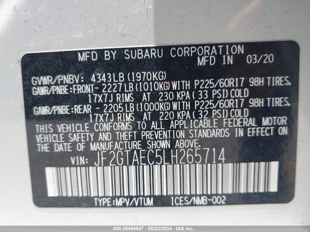 Subaru Crosstrek Premium 2020 JF2GTAEC5LH265714 Image 9