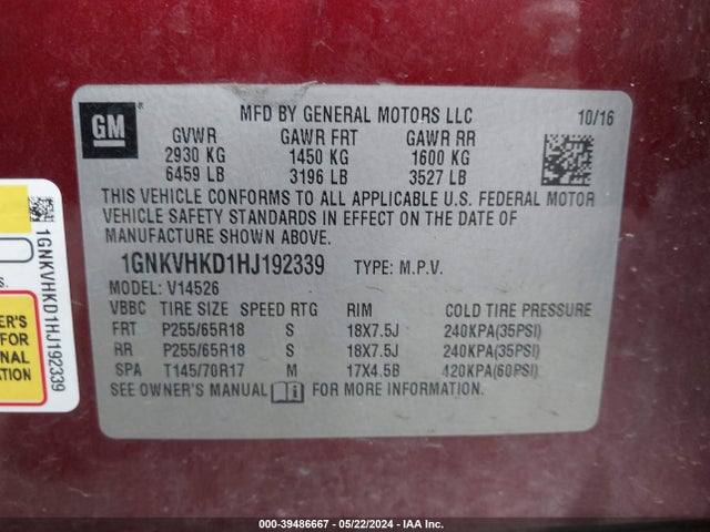 Chevrolet Traverse 2lt 2017 1GNKVHKD1HJ192339 Image 9