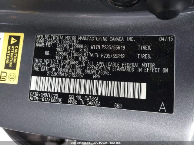 2T2ZK1BA1FC192357 Lexus RX 350
