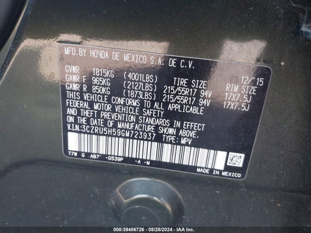 Honda HR-V EX 2016 3CZRU5H59GM723937 Image 9