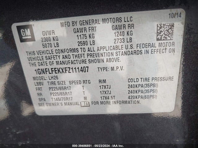 Chevrolet EQUINOX 1LT 2015 1GNFLFEKXFZ111407 Image 9