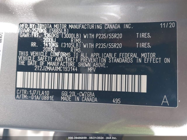 Lexus RX 350 2021 2T2JZMAAXMC193144 Image 9