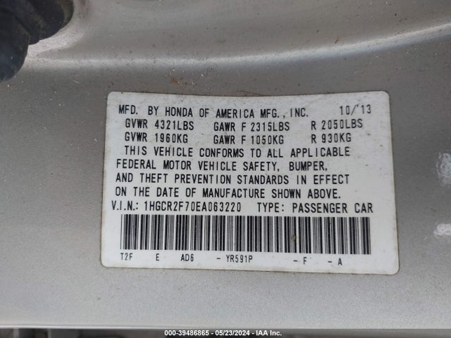 Honda ACCORD EX 2014 1HGCR2F70EA063220 Image 9