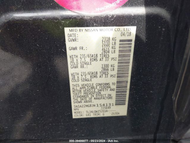 5N1AZ2MG8JN154131 Nissan MURANO SV