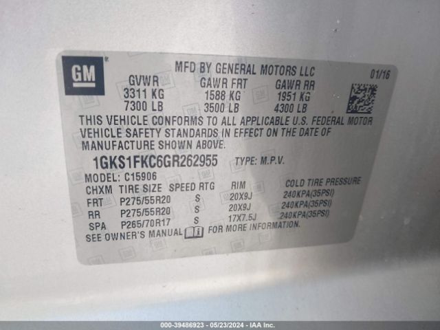1GKS1FKC6GR262955 GMC Yukon Xl Sle