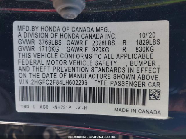 2HGFC2F84LH602296 Honda Civic Sport