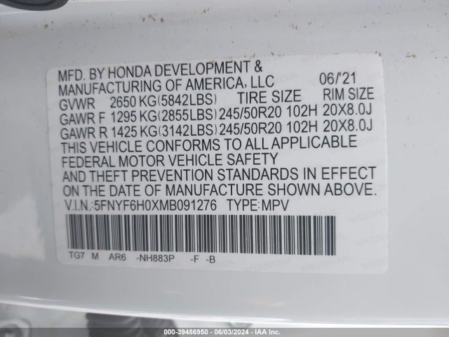 Honda Pilot Awd Elite 2021 5FNYF6H0XMB091276 Image 9