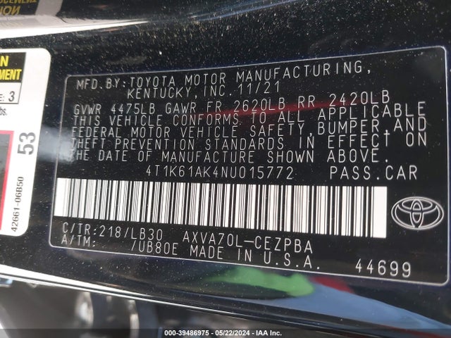 Toyota CAMRY XSE 2022 4T1K61AK4NU015772 Image 9