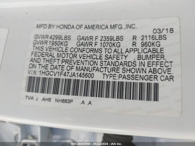 1HGCV1F47JA145600 Honda ACCORD EX