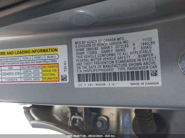 2HGFE2F51PH500833 Honda Civic Sport