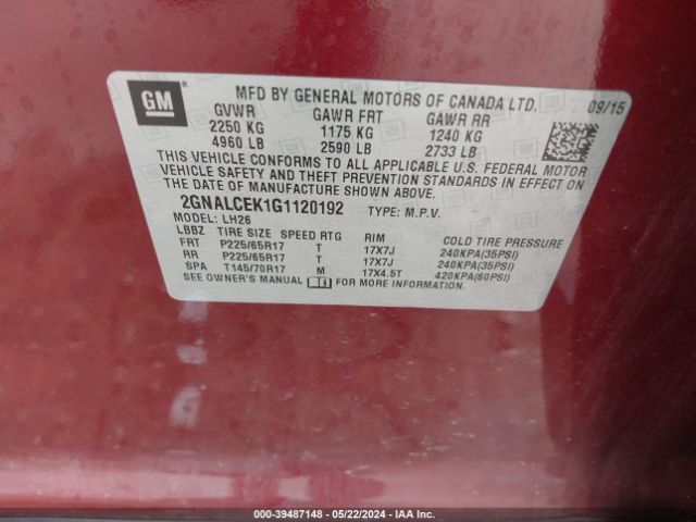 2GNALCEK1G1120192 Chevrolet EQUINOX LT