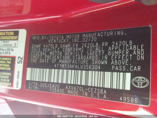 Toyota CAMRY SE 2020 4T1M11AK4LU356304 Image 9