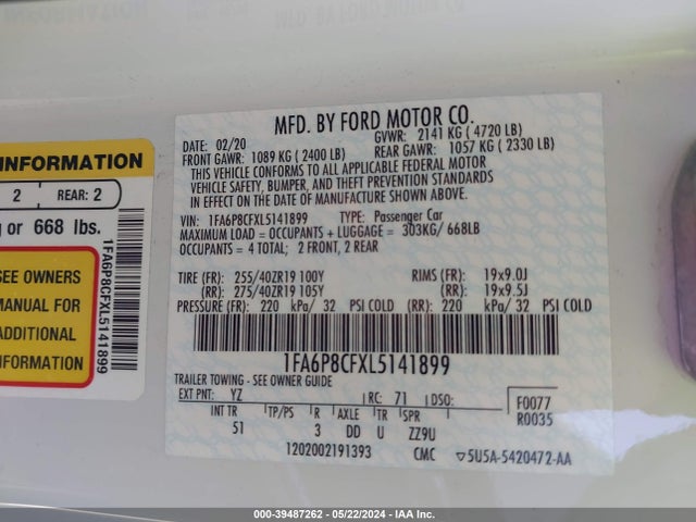 Ford Mustang Gt Premium Fastback 2020 1FA6P8CFXL5141899 Image 9