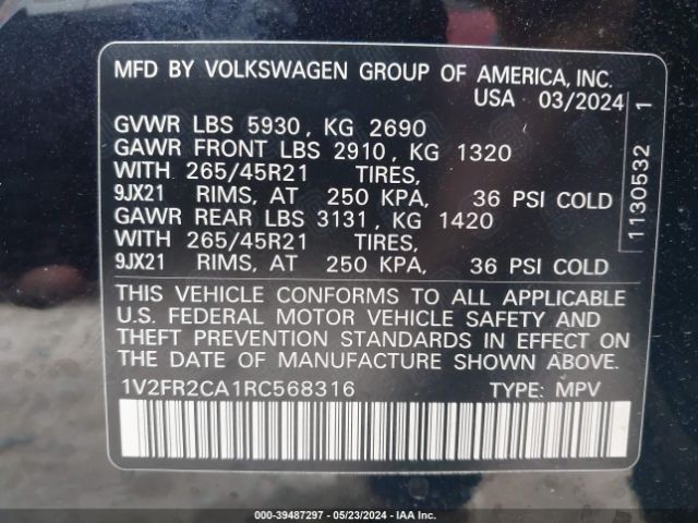 1V2FR2CA1RC568316 Volkswagen Atlas 2.0t Sel Premium R-line