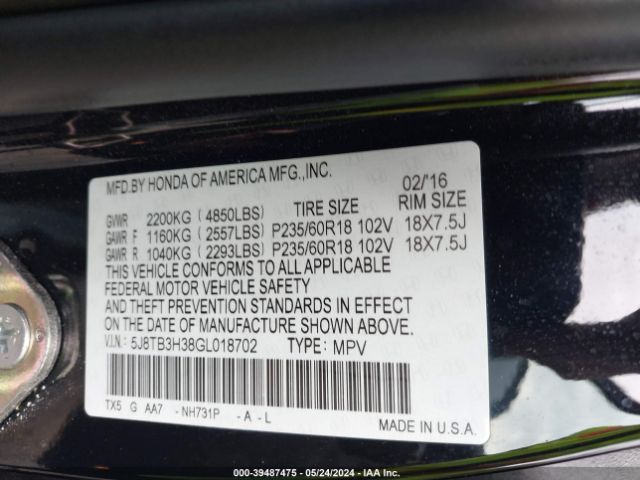 5J8TB3H38GL018702 Acura Rdx Acurawatch Plus Pkg