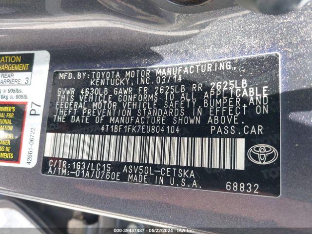 4T1BF1FK7EU804104 Toyota CAMRY SE
