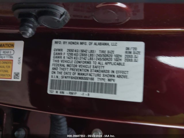 Honda Pilot Awd Elite 2021 5FNYF6H0XMB000166 Image 9