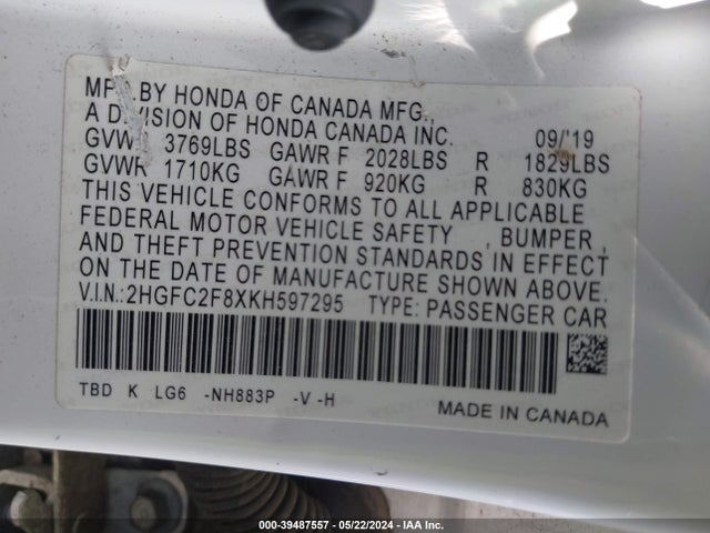 Honda Civic Sport 2019 2HGFC2F8XKH597295 Image 9