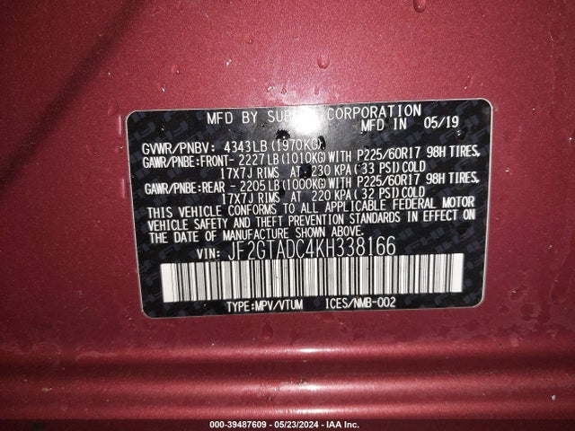 Subaru Crosstrek 2.0i Premium 2019 JF2GTADC4KH338166 Image 9
