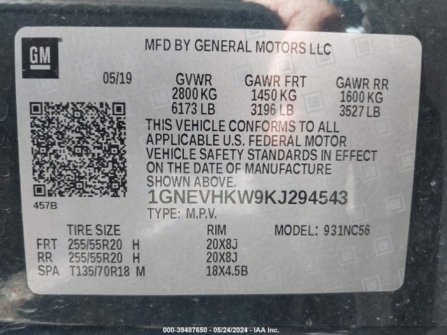 Chevrolet Traverse 3lt 2019 1GNEVHKW9KJ294543 Image 9