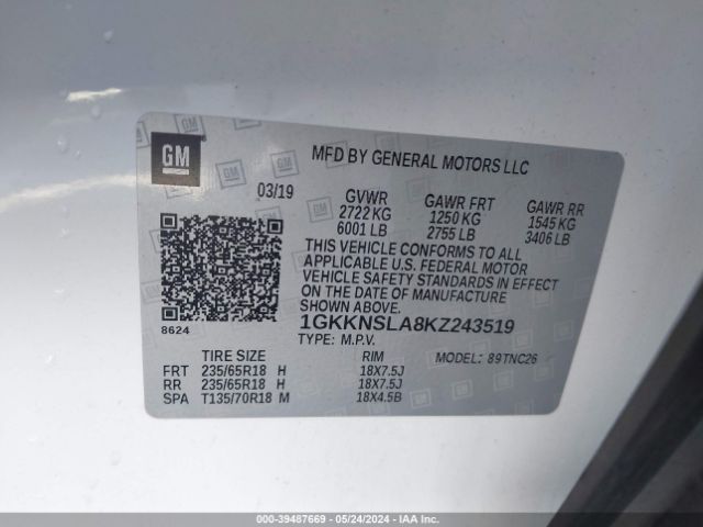 1GKKNSLA8KZ243519 GMC Acadia Sle-2