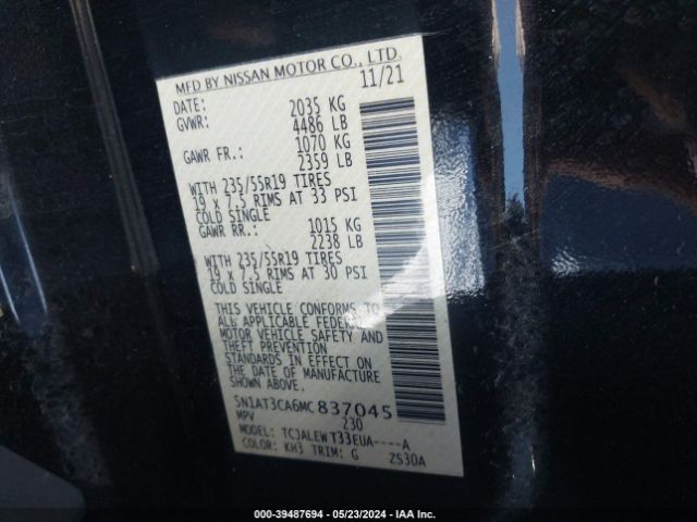 5N1AT3CA6MC837045 Nissan Rogue Sl Fwd