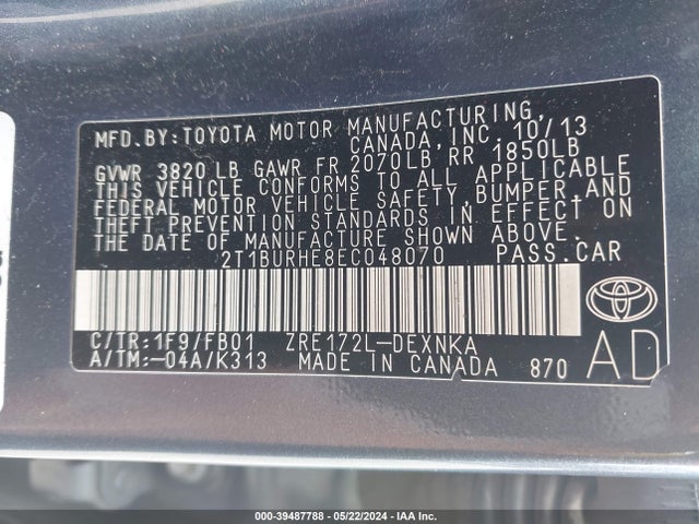 Toyota COROLLA LE 2014 2T1BURHE8EC048070 Image 9