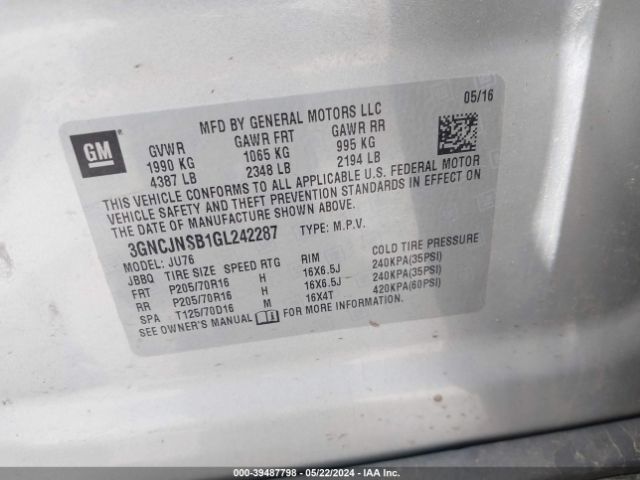 3GNCJNSB1GL242287 Chevrolet Trax 1ls