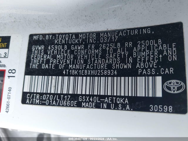 Toyota Avalon Touring 2017 4T1BK1EBXHU258934 Image 9
