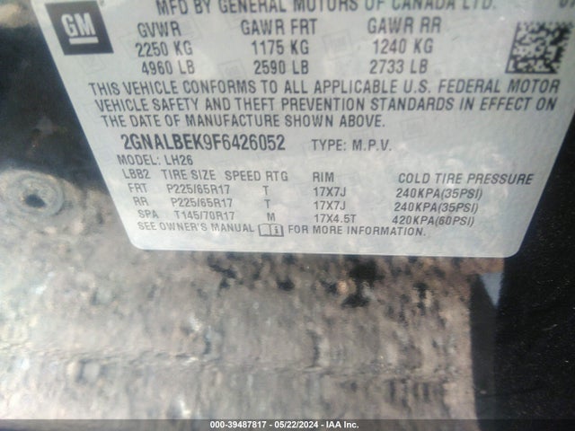 Chevrolet EQUINOX 1LT 2015 2GNALBEK9F6426052 Image 9
