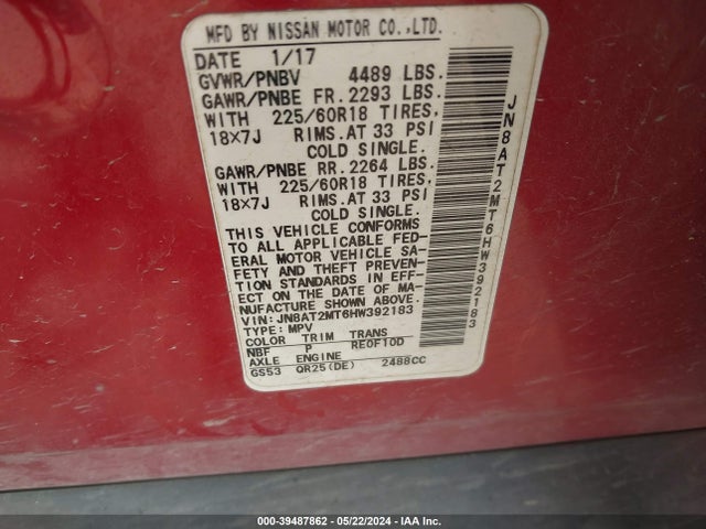 Nissan Rogue Sl 2017 JN8AT2MT6HW392183 Image 9
