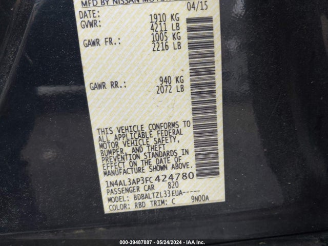 Nissan Altima 2.5 Sl 2015 1N4AL3AP3FC424780 Image 9