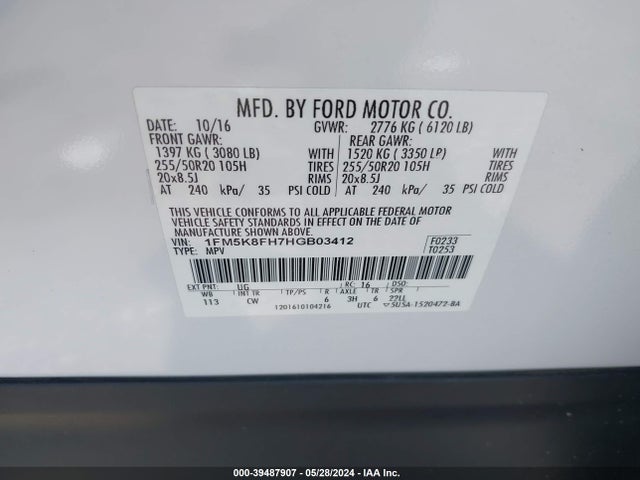 Ford Explorer Limited 2017 1FM5K8FH7HGB03412 Image 9