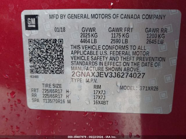 2GNAXJEV3J6274027 Chevrolet EQUINOX LT