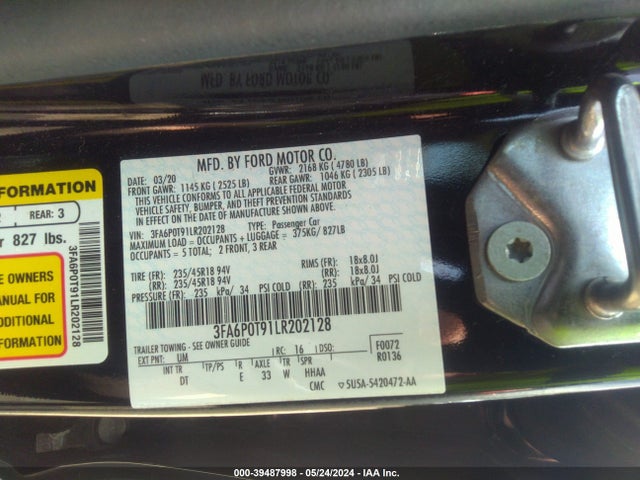 Ford FUSION SE 2020 3FA6P0T91LR202128 Image 9