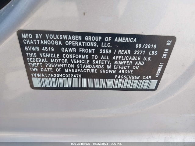 1VWAT7A33HC022479 Volkswagen Passat 1.8t S