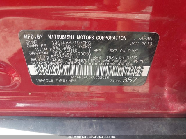 JA4AP3AU0KU022086 Mitsubishi Outlander Sport 2.0 Le
