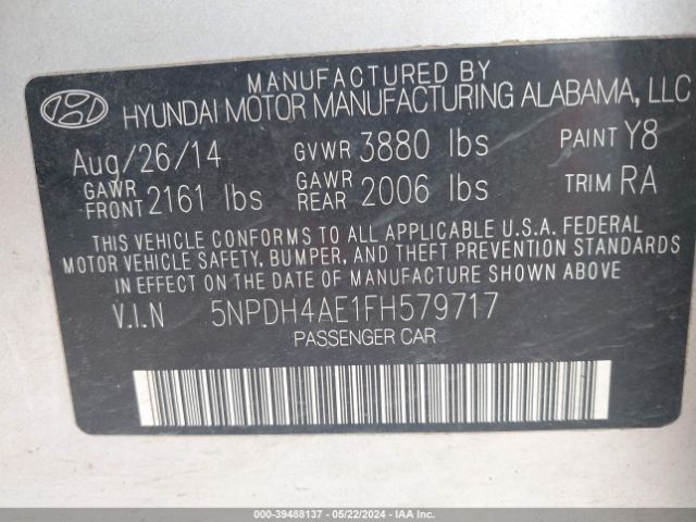 5NPDH4AE1FH579717 Hyundai ELANTRA SE