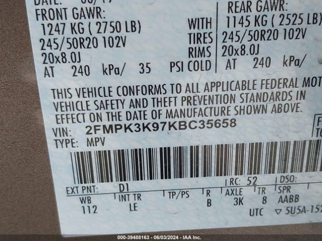 2FMPK3K97KBC35658 Ford Edge Titanium