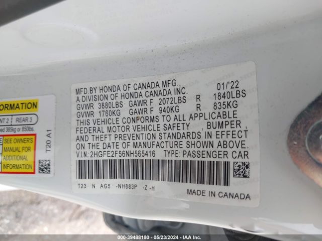 2HGFE2F56NH565416 Honda Civic Sport