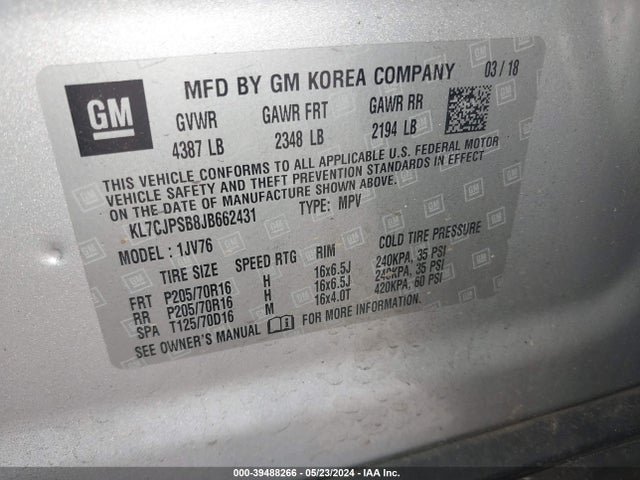 Chevrolet Trax Lt 2018 KL7CJPSB8JB662431 Image 9