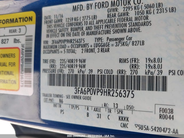 3FA6P0VP9HR256375 Ford Fusion Sport