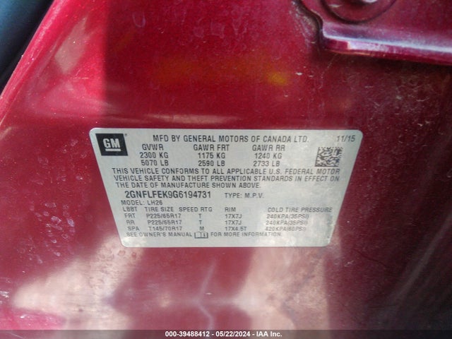 Chevrolet EQUINOX LT 2016 2GNFLFEK9G6194731 Image 9