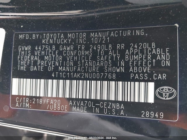 Toyota CAMRY LE 2022 4T1C11AK2NU007768 Image 9