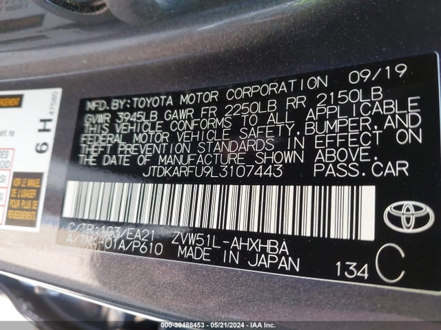 JTDKARFU9L3107443 Toyota Prius Limited