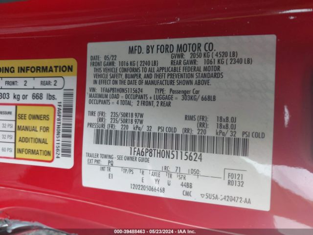 1FA6P8TH0N5115624 Ford Mustang Ecoboost Premium Fastback