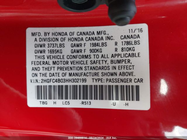 2HGFC4B03HH302199 Honda Civic Lx-p